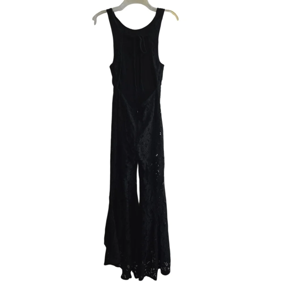 Free People Rise & Shine Black Lace Jumsuit Bell Bottom Flare Leg 2 Open Back - Picture 4 of 8